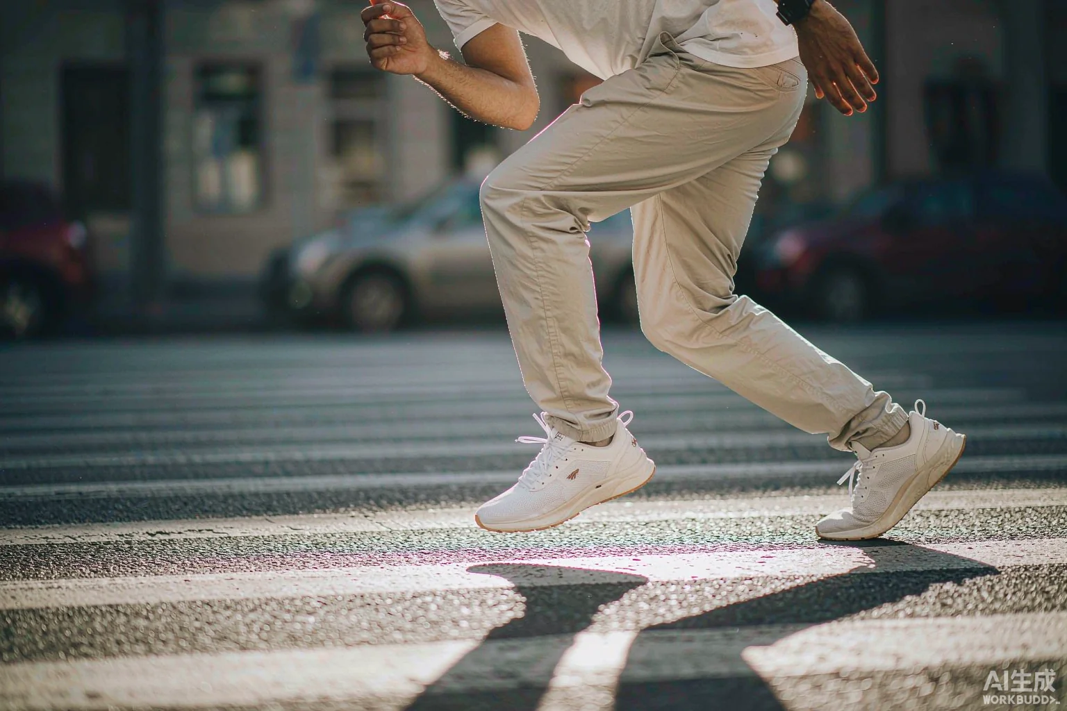 Person wearing VERSA sneakers crossing a city street